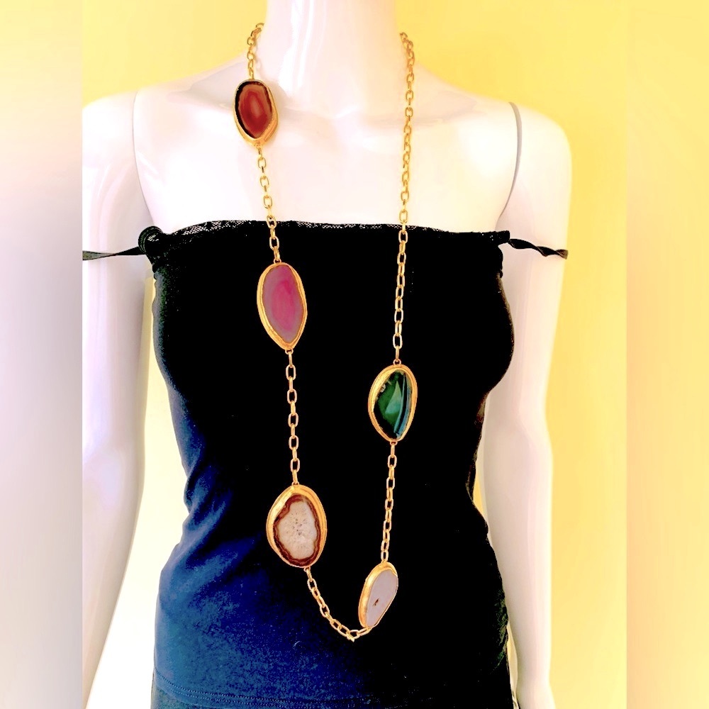 Extra long gold tone chain necklace with large size semi-precious stones